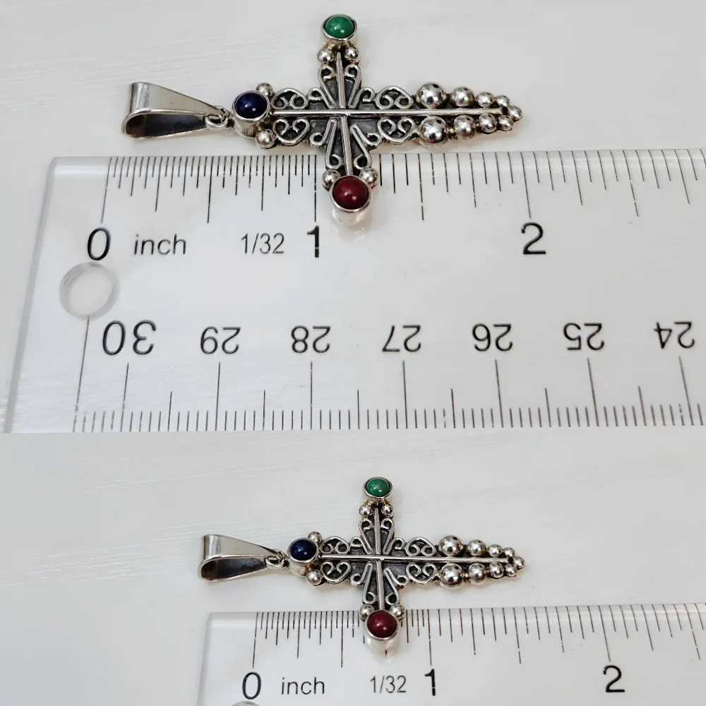 CARSI Taxco Sterling Silver Jasper Pebbled Filigree Motif Cross Pendant Necklace - Picture 4 of 10